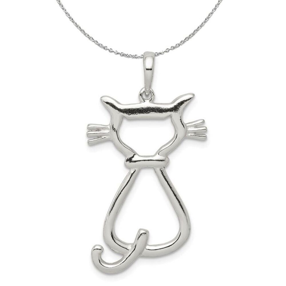Sterling Silver 25mm Polished Cat Silhouette Necklace - 24 Inch